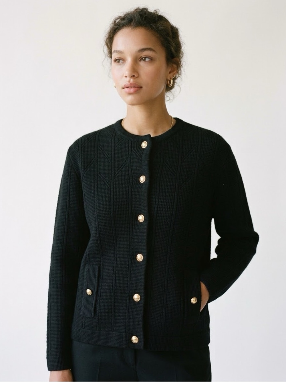 Vintage Cardigan Sweater with Gold Buttons Size Medium Black Classic Old Money